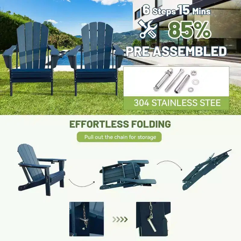 Set of 2 Adirondack Chairs with Cup Holder, Folding Plastic Adirondack Chairs, All-Weather Outdoor Patio Chairs for Backyard, Poolside-Panipeachy