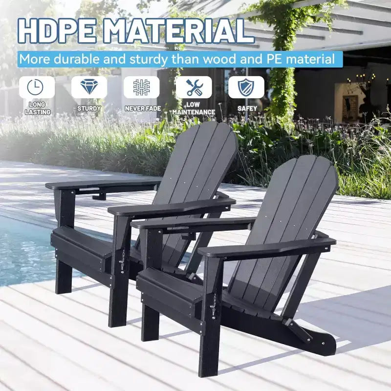 Set of 2 Adirondack Chairs with Cup Holder, Folding Plastic Adirondack Chairs, All-Weather Outdoor Patio Chairs for Backyard, Poolside-Panipeachy