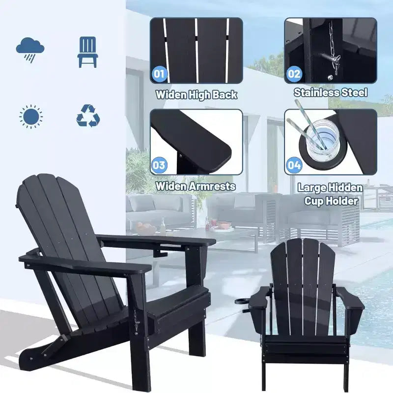 Set of 2 Adirondack Chairs with Cup Holder, Folding Plastic Adirondack Chairs, All-Weather Outdoor Patio Chairs for Backyard, Poolside-Panipeachy