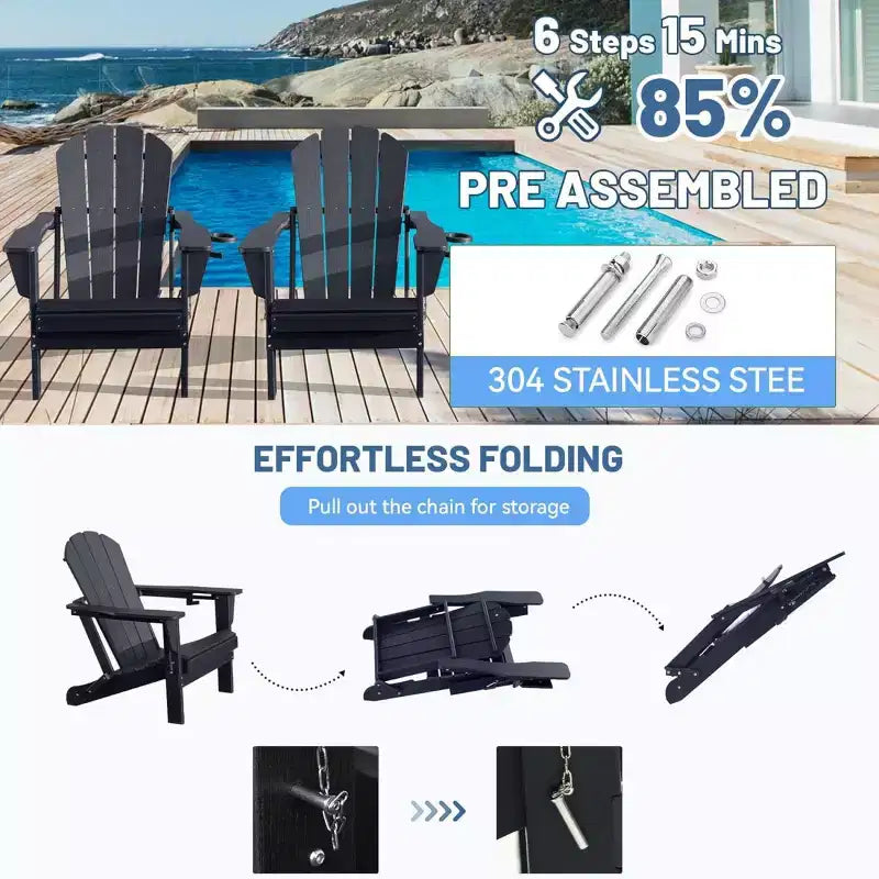 Set of 2 Adirondack Chairs with Cup Holder, Folding Plastic Adirondack Chairs, All-Weather Outdoor Patio Chairs for Backyard, Poolside-Panipeachy