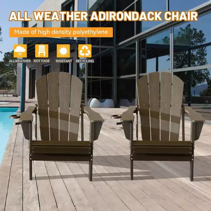 Set of 2 Adirondack Chairs with Cup Holder, Folding Plastic Adirondack Chairs, All-Weather Outdoor Patio Chairs for Backyard, Poolside-Panipeachy