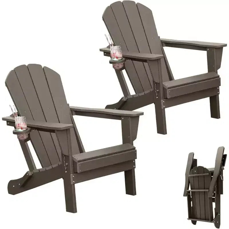 Set of 2 Adirondack Chairs with Cup Holder, Folding Plastic Adirondack Chairs, All-Weather Outdoor Patio Chairs for Backyard, Poolside-Panipeachy