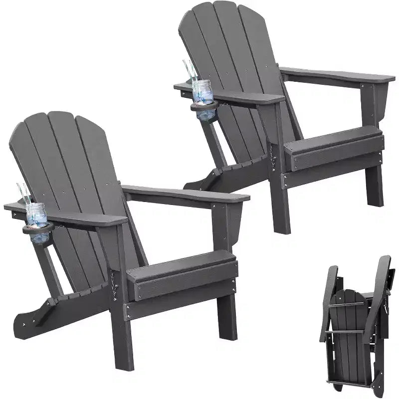 Set of 2 Adirondack Chairs with Cup Holder, Folding Plastic Adirondack Chairs, All-Weather Outdoor Patio Chairs for Backyard, Poolside-Panipeachy