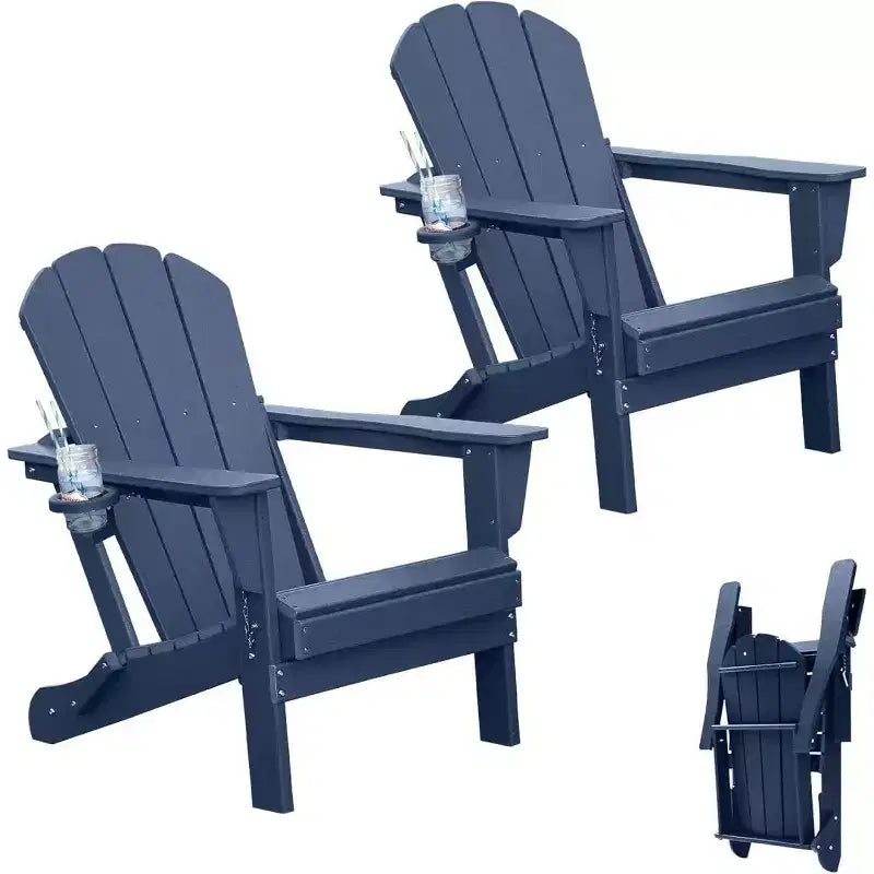 Set of 2 Adirondack Chairs with Cup Holder, Folding Plastic Adirondack Chairs, All-Weather Outdoor Patio Chairs for Backyard, Poolside-Panipeachy