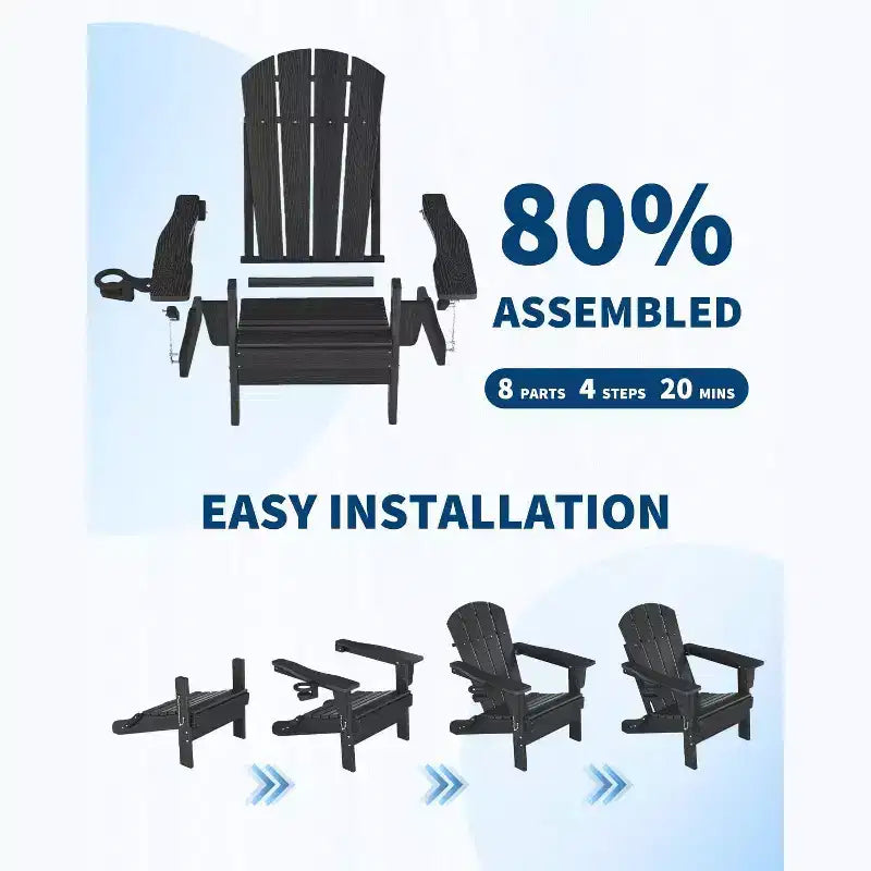Folding Adirondack Patio Chair | Weather Resistant HDPE, 380 lbs Capacity | Collapsible & Durable with Wood Grain Texture | Ideal for Deck, Lawn