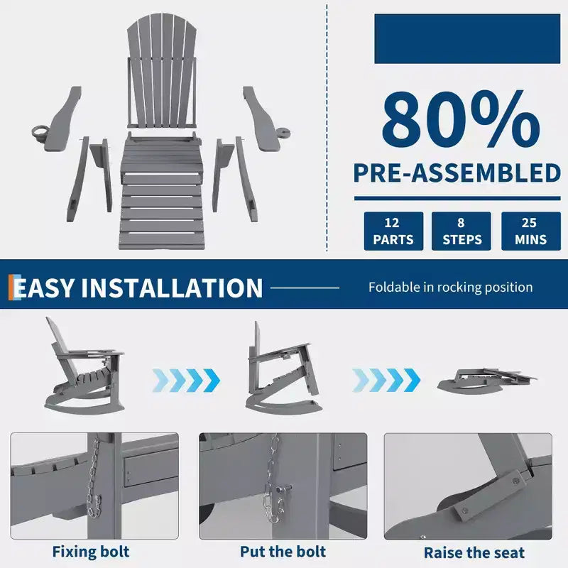 Folding Adirondack Rocking Chair Set  Outdoor Patio Rockers with Retractable Ottoman, Footrest & Cup Holder, Garden Chair for Lawn, Porch  2 Pack