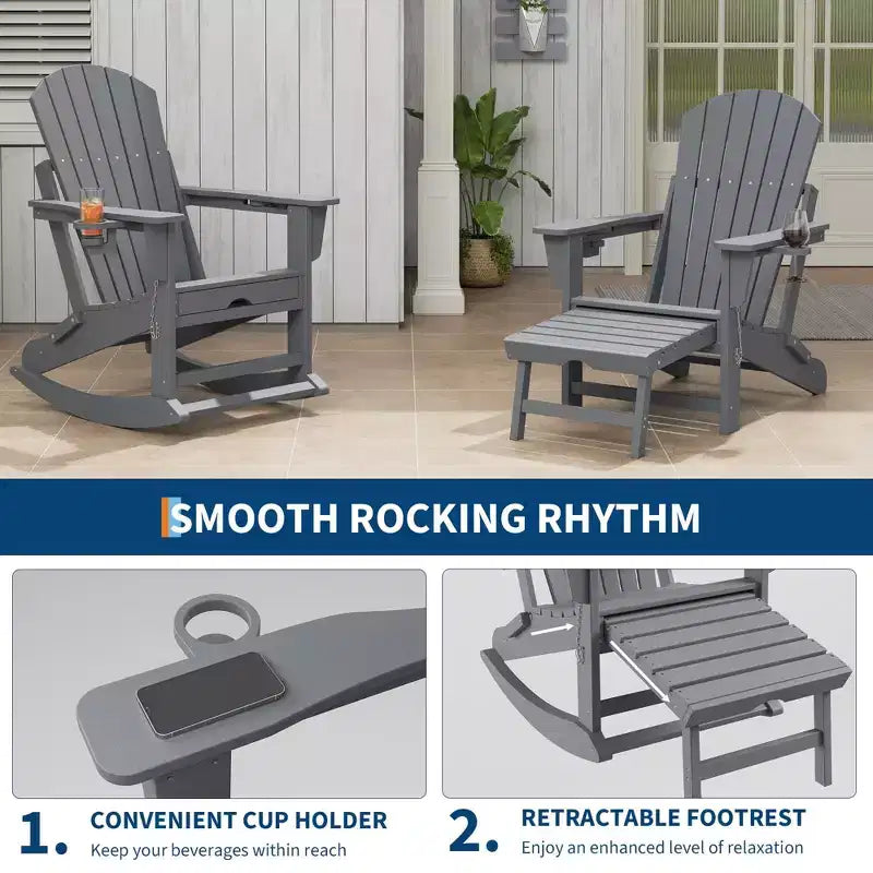 Folding Adirondack Rocking Chair Set  Outdoor Patio Rockers with Retractable Ottoman, Footrest & Cup Holder, Garden Chair for Lawn, Porch  2 Pack