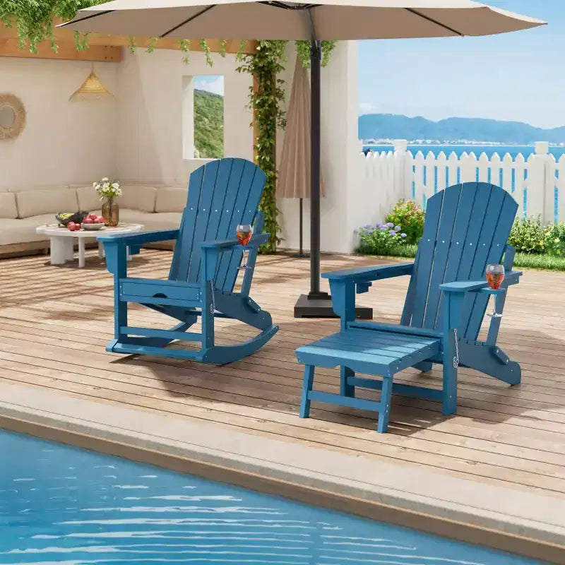 Adirondack Outdoor Rocking Chairs with Two Cup Holders, HDPE All Weather Outdoor Adirondacks Rocking Chair with Retractable Ottoman