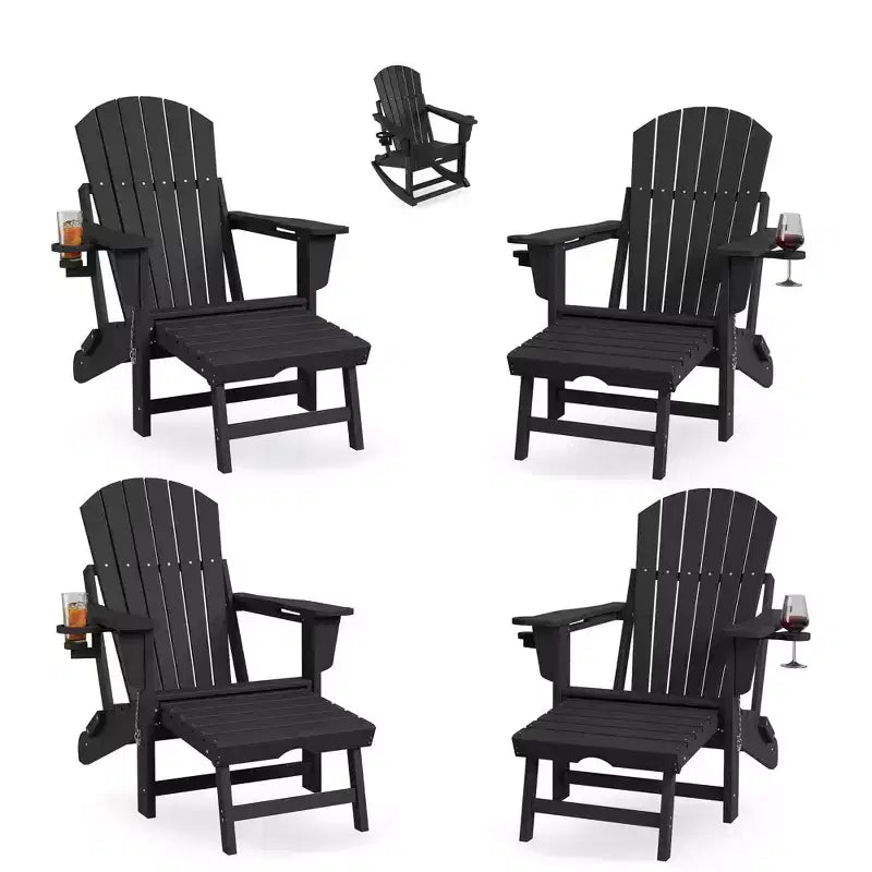 Adirondack Outdoor Rocking Chairs with Two Cup Holders, HDPE All Weather Outdoor Adirondacks Rocking Chair with Retractable Ottoman