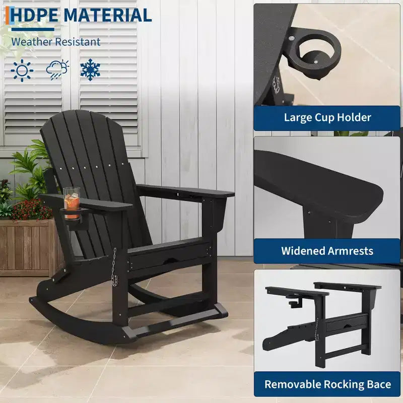 Adirondack Outdoor Rocking Chairs with Two Cup Holders, HDPE All Weather Outdoor Adirondacks Rocking Chair with Retractable Ottoman