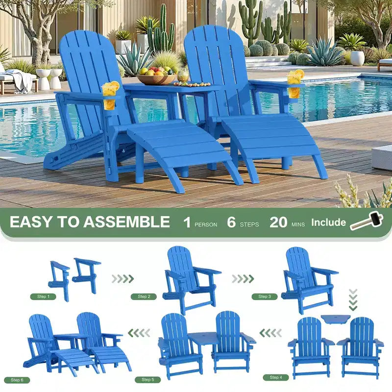 Ensemble de chaises Adirondack Celebalcony avec trou pour parasol, plateau amovible et 2 poufs incurvés, chaises d'extérieur en plastique HDPE pour patio et piscine