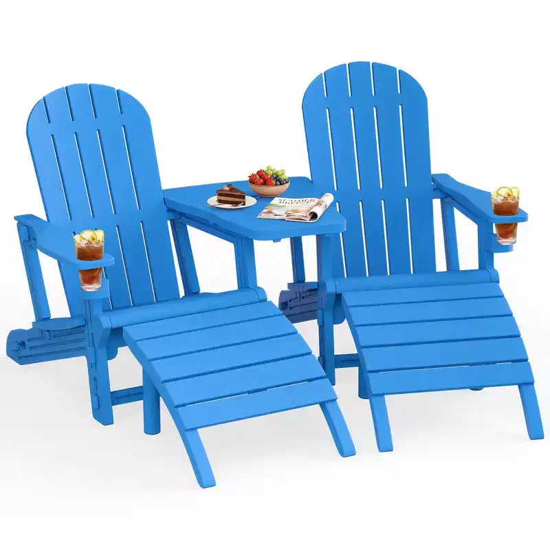 Ensemble de chaises Adirondack Celebalcony avec trou pour parasol, plateau amovible et 2 poufs incurvés, chaises d'extérieur en plastique HDPE pour patio et piscine