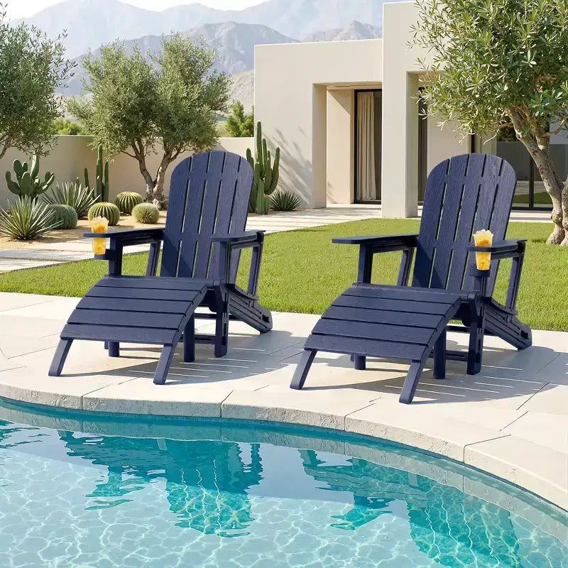 Ensemble de chaises Adirondack Celebalcony avec trou pour parasol, plateau amovible et 2 poufs incurvés, chaises d'extérieur en plastique HDPE pour patio et piscine