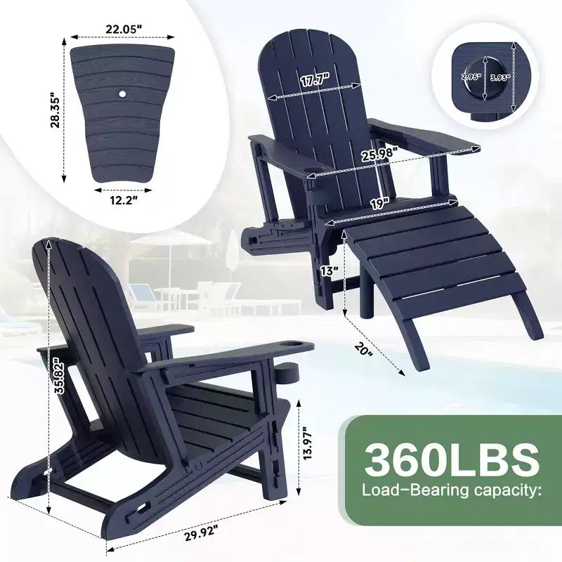 Ensemble de chaises Adirondack Celebalcony avec trou pour parasol, plateau amovible et 2 poufs incurvés, chaises d'extérieur en plastique HDPE pour patio et piscine