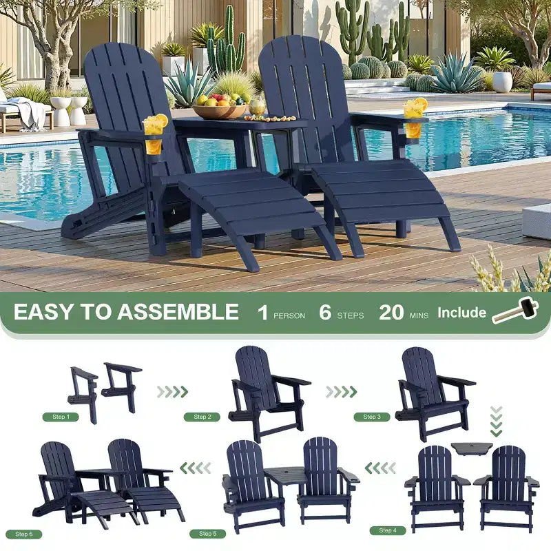Ensemble de chaises Adirondack Celebalcony avec trou pour parasol, plateau amovible et 2 poufs incurvés, chaises d'extérieur en plastique HDPE pour patio et piscine