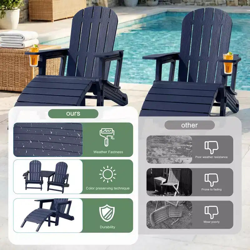 Ensemble de chaises Adirondack Celebalcony avec trou pour parasol, plateau amovible et 2 poufs incurvés, chaises d'extérieur en plastique HDPE pour patio et piscine