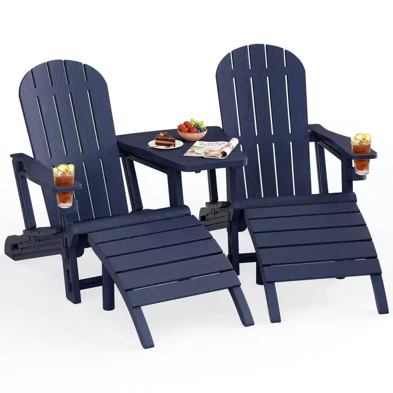 Ensemble de chaises Adirondack Celebalcony avec trou pour parasol, plateau amovible et 2 poufs incurvés, chaises d'extérieur en plastique HDPE pour patio et piscine