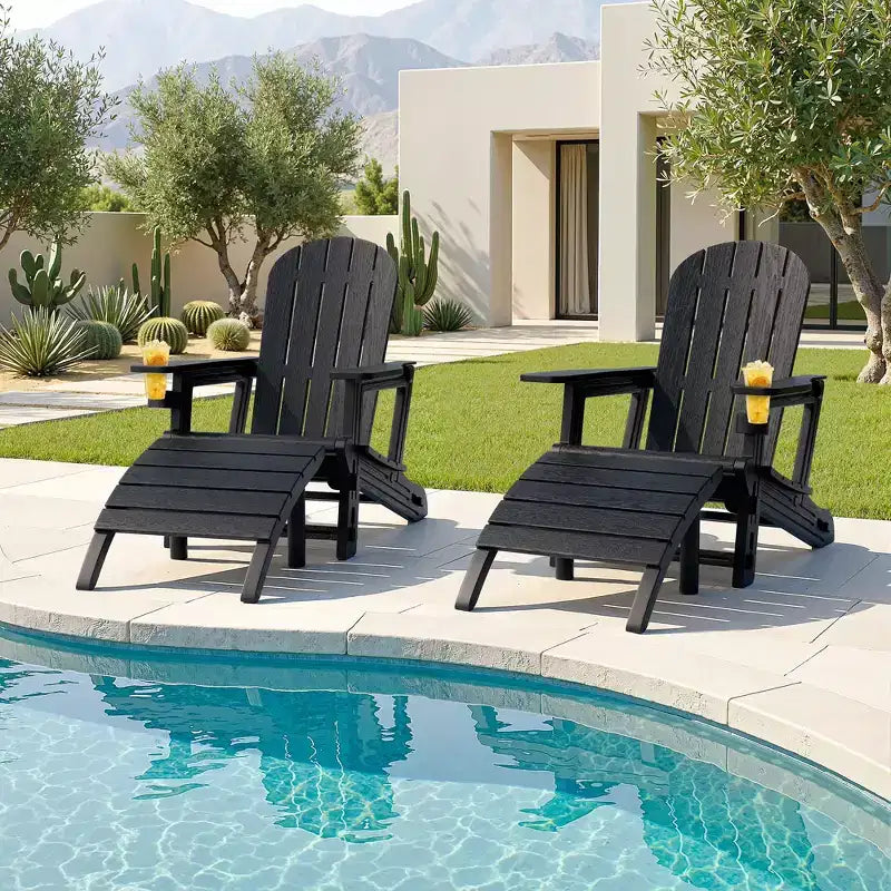 Ensemble de chaises Adirondack Celebalcony avec trou pour parasol, plateau amovible et 2 poufs incurvés, chaises d'extérieur en plastique HDPE pour patio et piscine