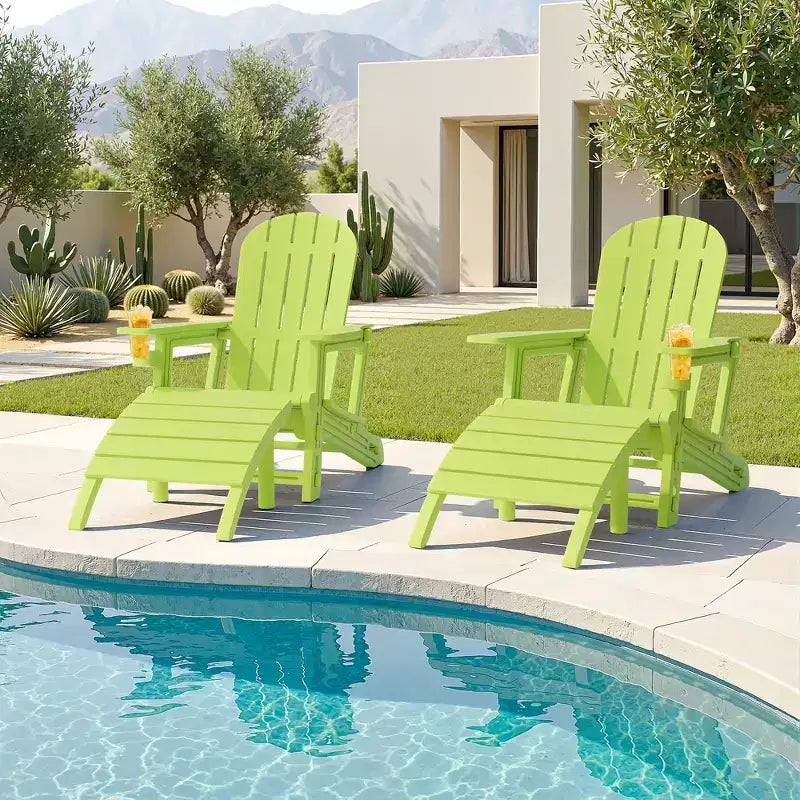 Ensemble de chaises Adirondack Celebalcony avec trou pour parasol, plateau amovible et 2 poufs incurvés, chaises d'extérieur en plastique HDPE pour patio et piscine