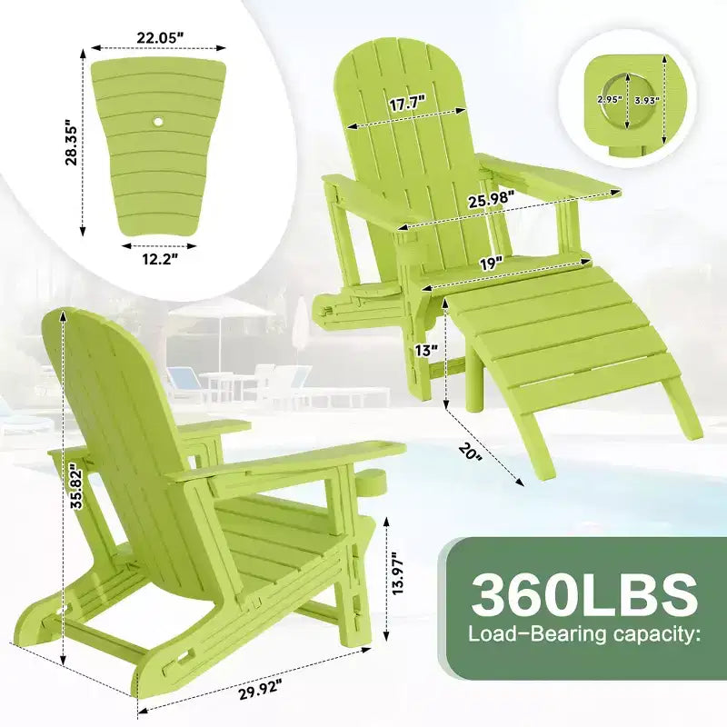 Ensemble de chaises Adirondack Celebalcony avec trou pour parasol, plateau amovible et 2 poufs incurvés, chaises d'extérieur en plastique HDPE pour patio et piscine