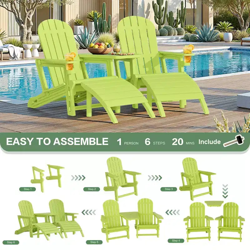 Ensemble de chaises Adirondack Celebalcony avec trou pour parasol, plateau amovible et 2 poufs incurvés, chaises d'extérieur en plastique HDPE pour patio et piscine