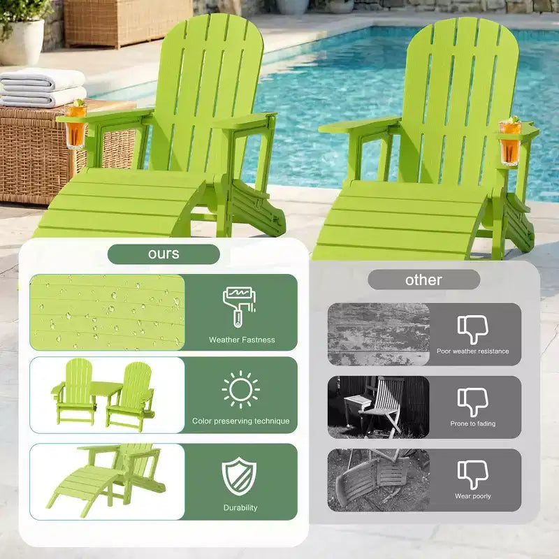 Ensemble de chaises Adirondack Celebalcony avec trou pour parasol, plateau amovible et 2 poufs incurvés, chaises d'extérieur en plastique HDPE pour patio et piscine