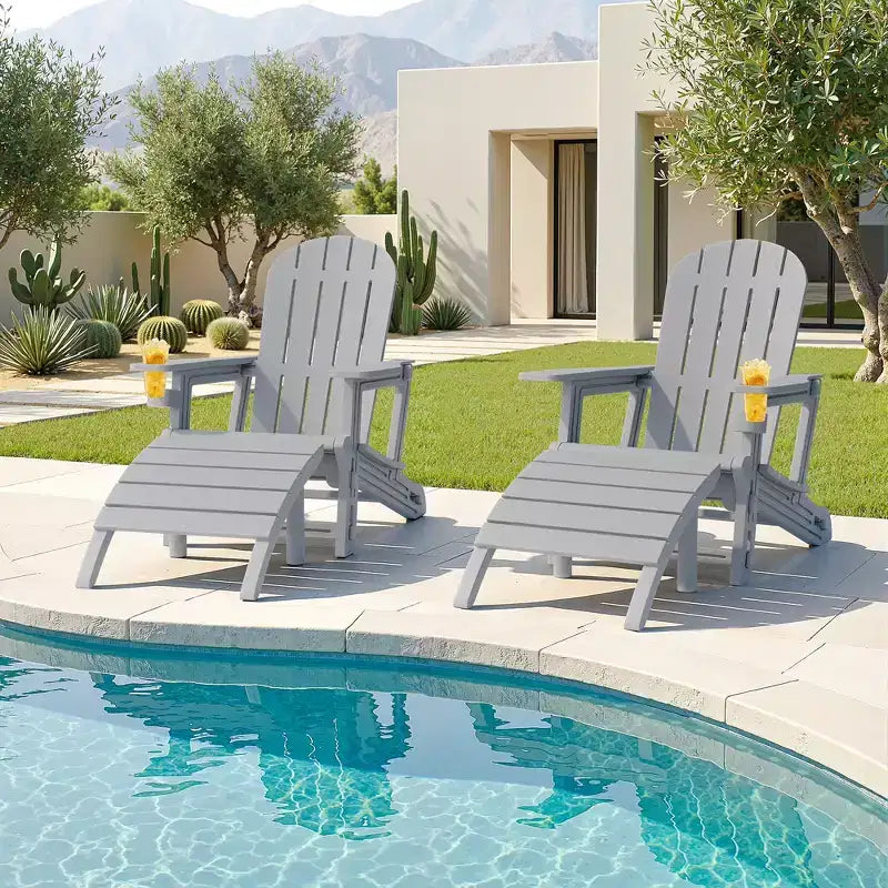 Ensemble de chaises Adirondack Celebalcony avec trou pour parasol, plateau amovible et 2 poufs incurvés, chaises d'extérieur en plastique HDPE pour patio et piscine
