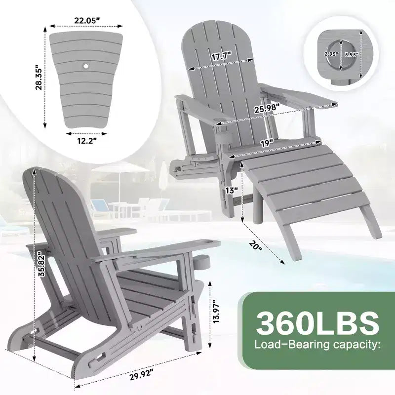 Ensemble de chaises Adirondack Celebalcony avec trou pour parasol, plateau amovible et 2 poufs incurvés, chaises d'extérieur en plastique HDPE pour patio et piscine