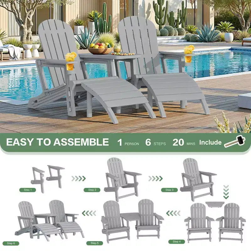 Ensemble de chaises Adirondack Celebalcony avec trou pour parasol, plateau amovible et 2 poufs incurvés, chaises d'extérieur en plastique HDPE pour patio et piscine