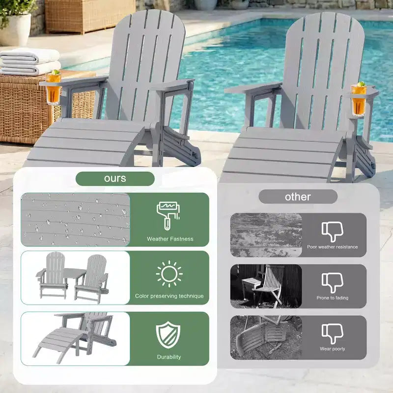 Ensemble de chaises Adirondack Celebalcony avec trou pour parasol, plateau amovible et 2 poufs incurvés, chaises d'extérieur en plastique HDPE pour patio et piscine