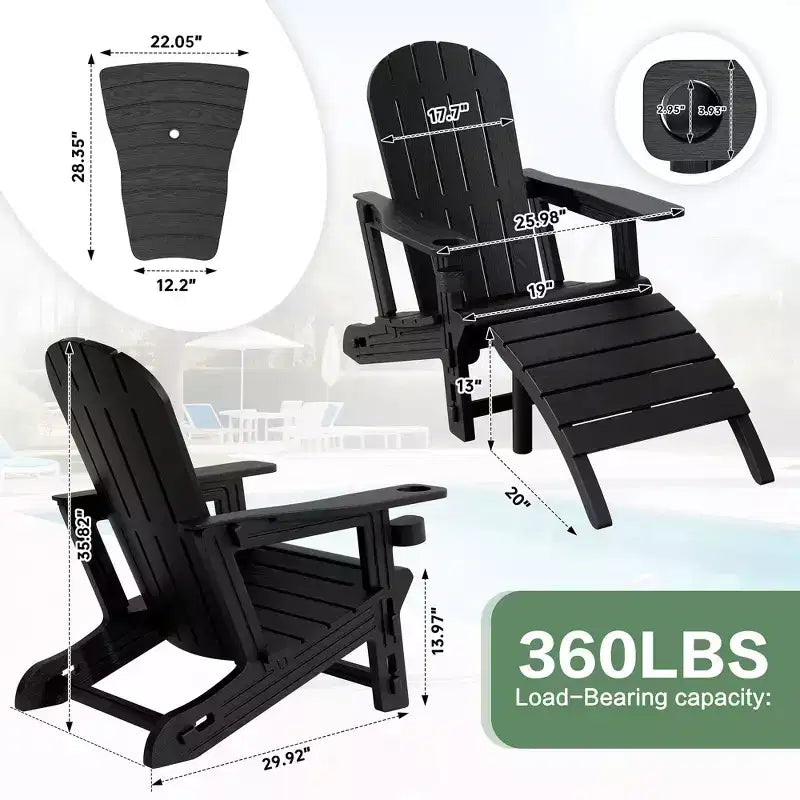 Ensemble de chaises Adirondack Celebalcony avec trou pour parasol, plateau amovible et 2 poufs incurvés, chaises d'extérieur en plastique HDPE pour patio et piscine