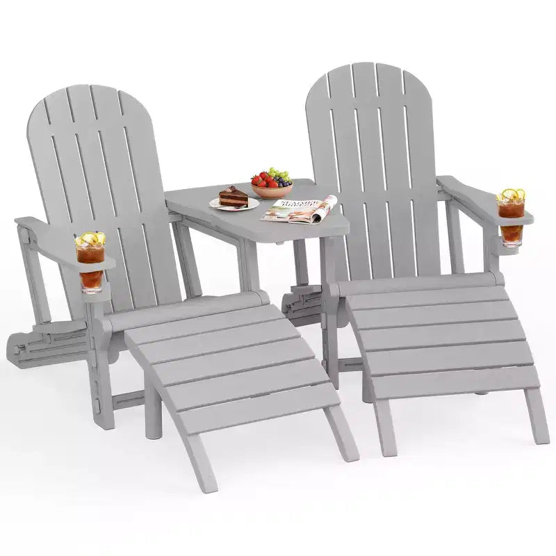 Ensemble de chaises Adirondack Celebalcony avec trou pour parasol, plateau amovible et 2 poufs incurvés, chaises d'extérieur en plastique HDPE pour patio et piscine