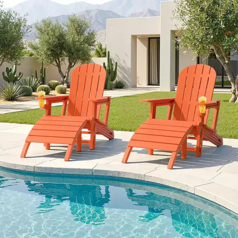 Ensemble de chaises Adirondack Celebalcony avec trou pour parasol, plateau amovible et 2 poufs incurvés, chaises d'extérieur en plastique HDPE pour patio et piscine
