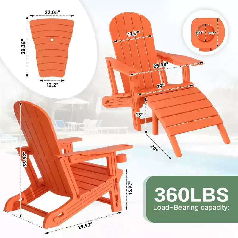 Ensemble de chaises Adirondack Celebalcony avec trou pour parasol, plateau amovible et 2 poufs incurvés, chaises d'extérieur en plastique HDPE pour patio et piscine