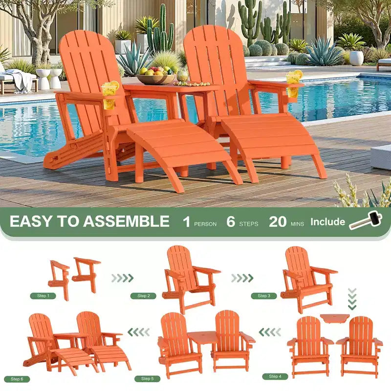 Ensemble de chaises Adirondack Celebalcony avec trou pour parasol, plateau amovible et 2 poufs incurvés, chaises d'extérieur en plastique HDPE pour patio et piscine