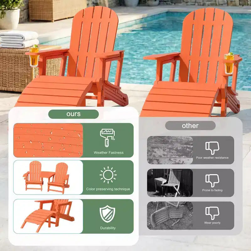 Ensemble de chaises Adirondack Celebalcony avec trou pour parasol, plateau amovible et 2 poufs incurvés, chaises d'extérieur en plastique HDPE pour patio et piscine
