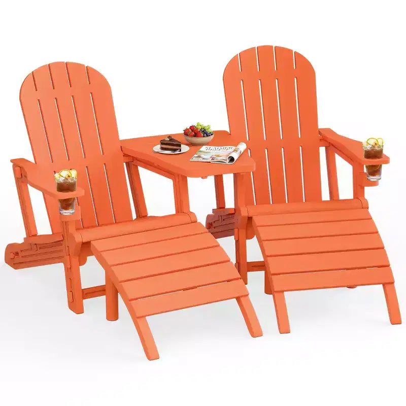 Ensemble de chaises Adirondack Celebalcony avec trou pour parasol, plateau amovible et 2 poufs incurvés, chaises d'extérieur en plastique HDPE pour patio et piscine