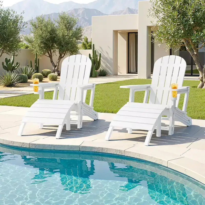Ensemble de chaises Adirondack Celebalcony avec trou pour parasol, plateau amovible et 2 poufs incurvés, chaises d'extérieur en plastique HDPE pour patio et piscine