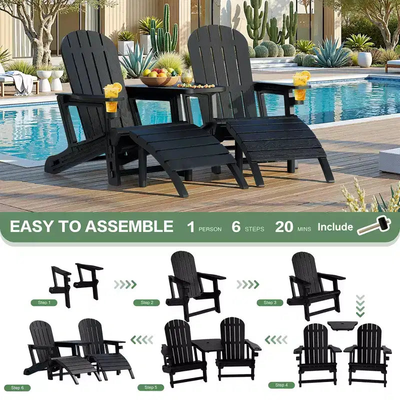Ensemble de chaises Adirondack Celebalcony avec trou pour parasol, plateau amovible et 2 poufs incurvés, chaises d'extérieur en plastique HDPE pour patio et piscine