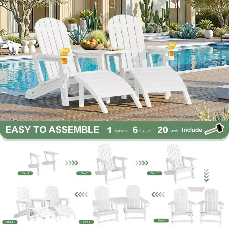 Ensemble de chaises Adirondack Celebalcony avec trou pour parasol, plateau amovible et 2 poufs incurvés, chaises d'extérieur en plastique HDPE pour patio et piscine