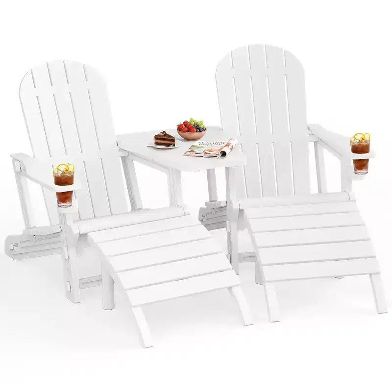 Ensemble de chaises Adirondack Celebalcony avec trou pour parasol, plateau amovible et 2 poufs incurvés, chaises d'extérieur en plastique HDPE pour patio et piscine