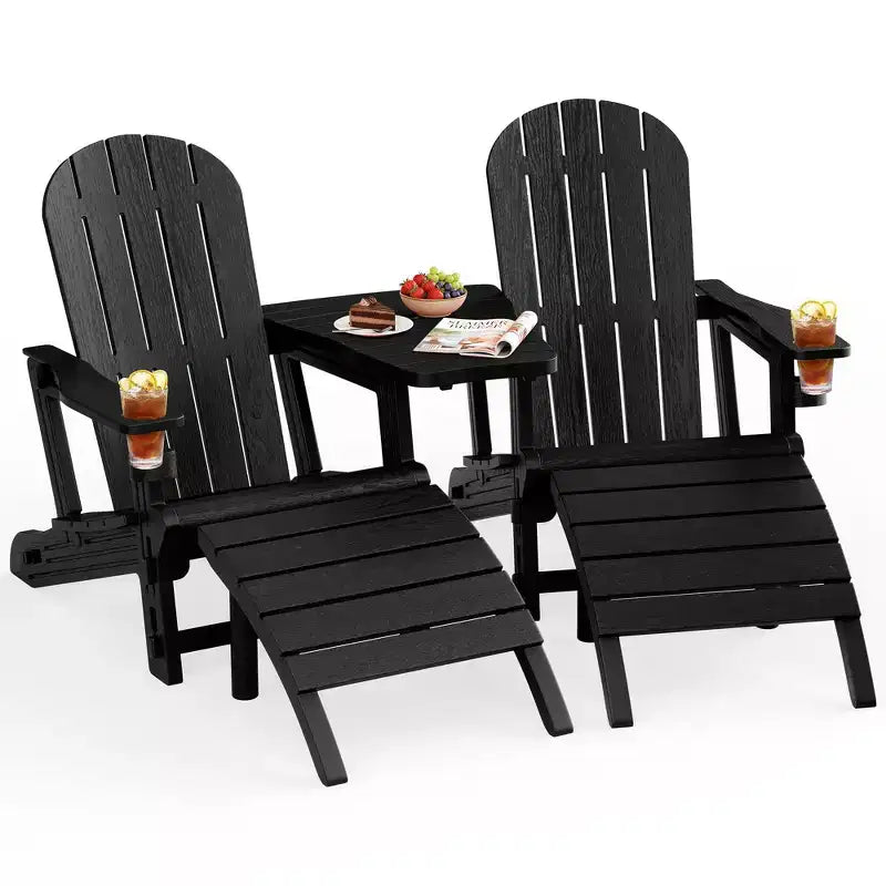 Ensemble de chaises Adirondack Celebalcony avec trou pour parasol, plateau amovible et 2 poufs incurvés, chaises d'extérieur en plastique HDPE pour patio et piscine
