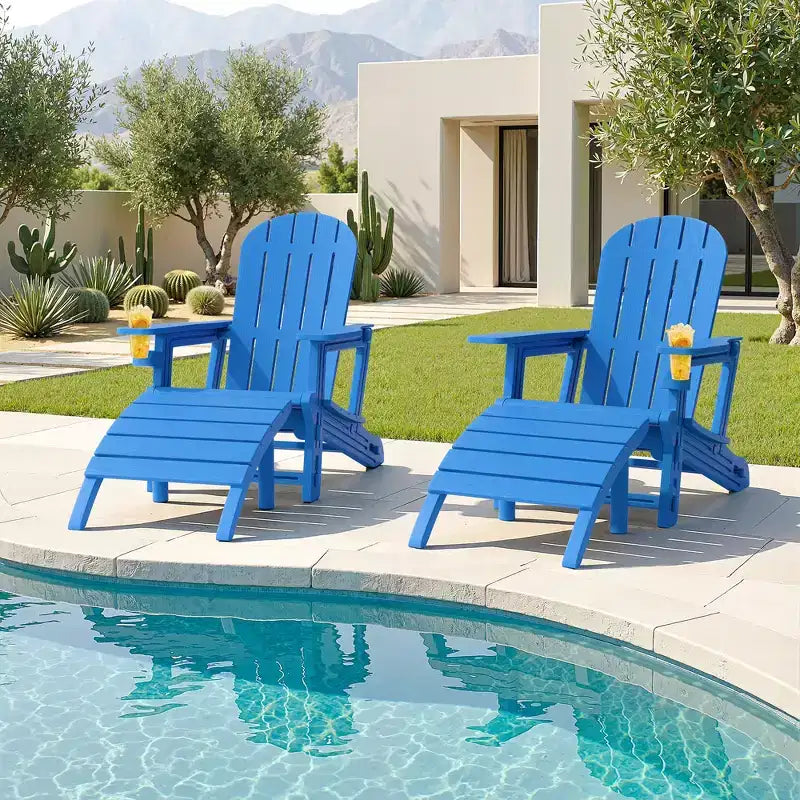 Ensemble de chaises Adirondack Celebalcony avec trou pour parasol, plateau amovible et 2 poufs incurvés, chaises d'extérieur en plastique HDPE pour patio et piscine