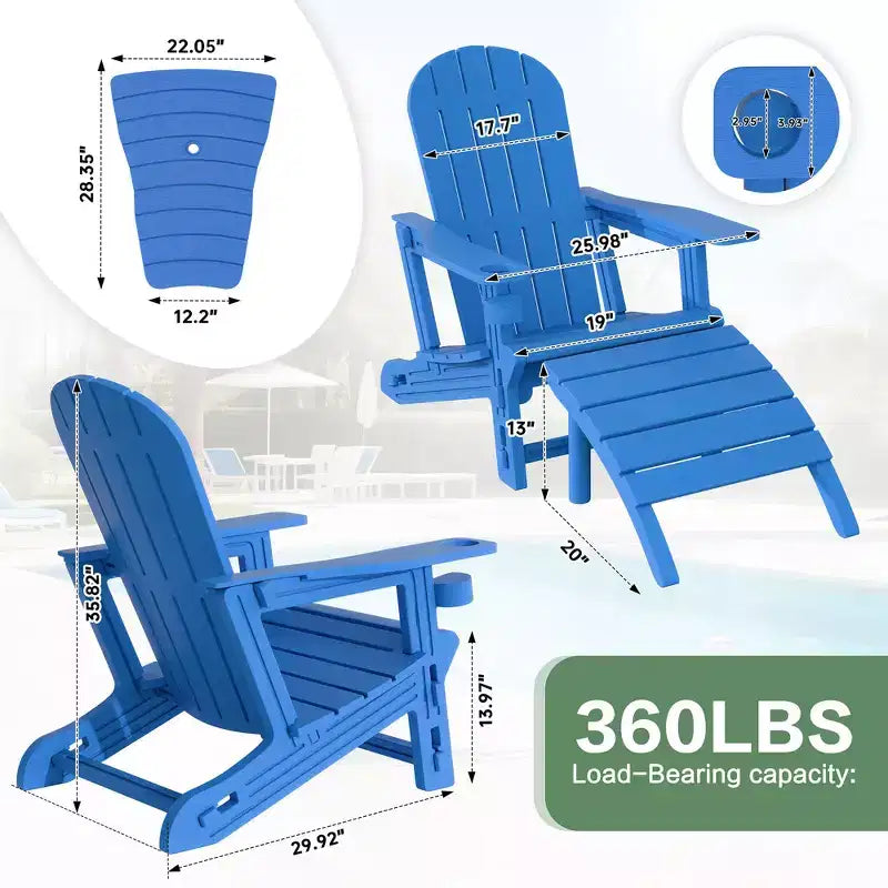 Ensemble de chaises Adirondack Celebalcony avec trou pour parasol, plateau amovible et 2 poufs incurvés, chaises d'extérieur en plastique HDPE pour patio et piscine