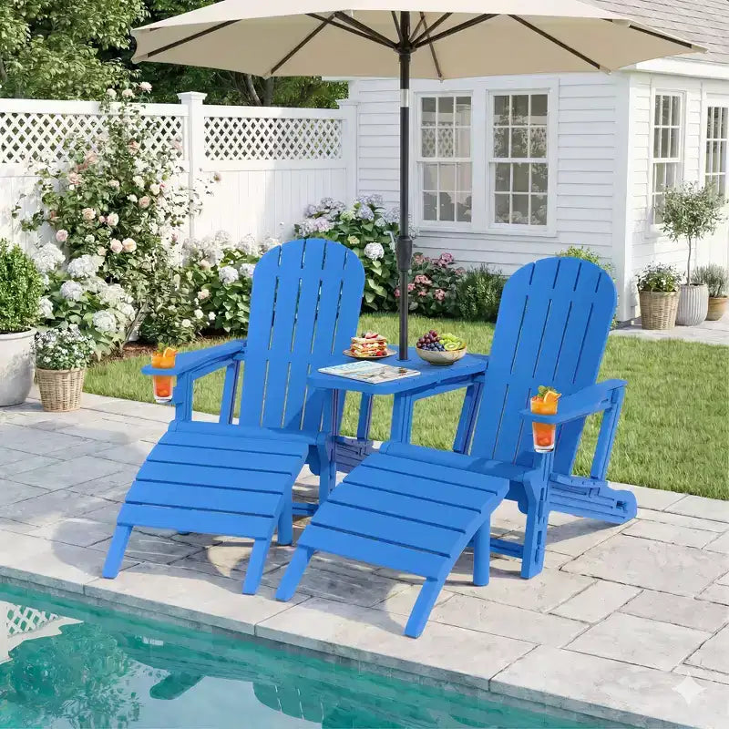 Celebalcony Adirondack Chairs Set with Umbrella Hole Removable Tray & 2 Curved Ottoman, HDPE Plastic Outdoor Chairs for Patio Pool
