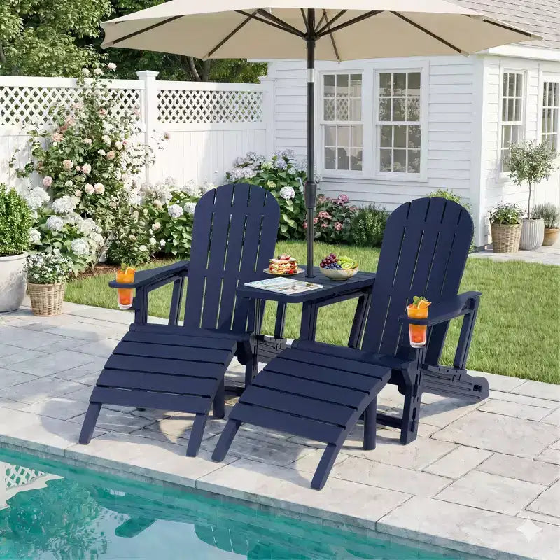 Celebalcony Adirondack Chairs Set with Umbrella Hole Removable Tray & 2 Curved Ottoman, HDPE Plastic Outdoor Chairs for Patio Pool