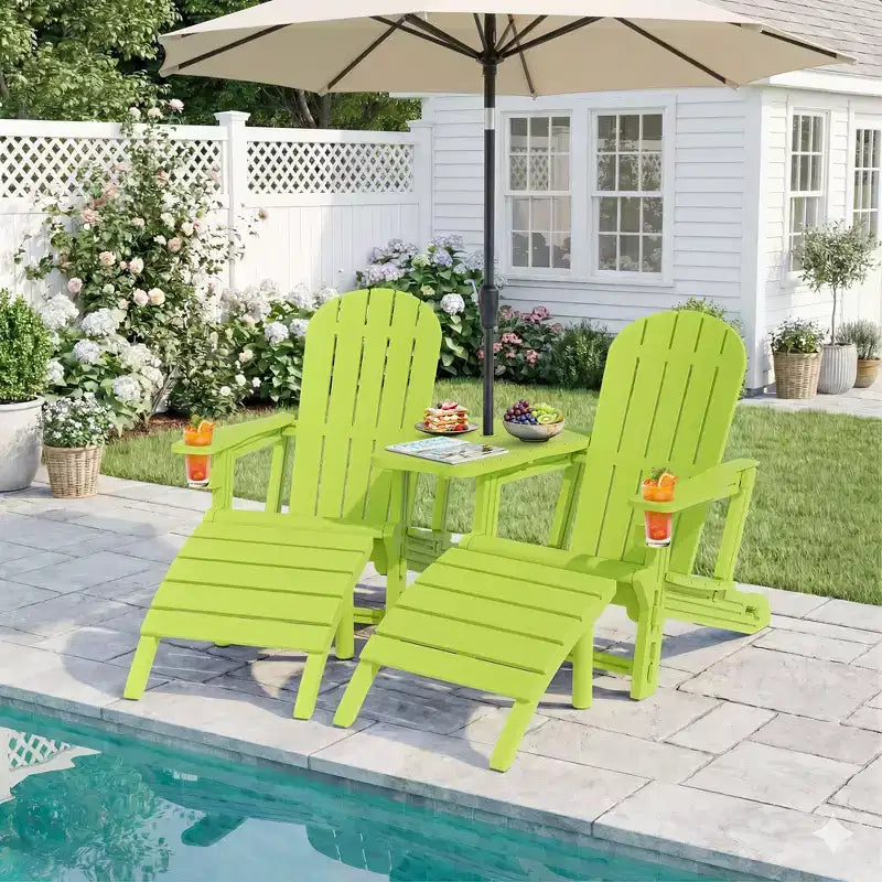 Celebalcony Adirondack Chairs Set with Umbrella Hole Removable Tray & 2 Curved Ottoman, HDPE Plastic Outdoor Chairs for Patio Pool