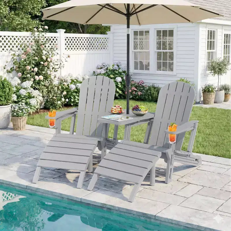 Celebalcony Adirondack Chairs Set with Umbrella Hole Removable Tray & 2 Curved Ottoman, HDPE Plastic Outdoor Chairs for Patio Pool
