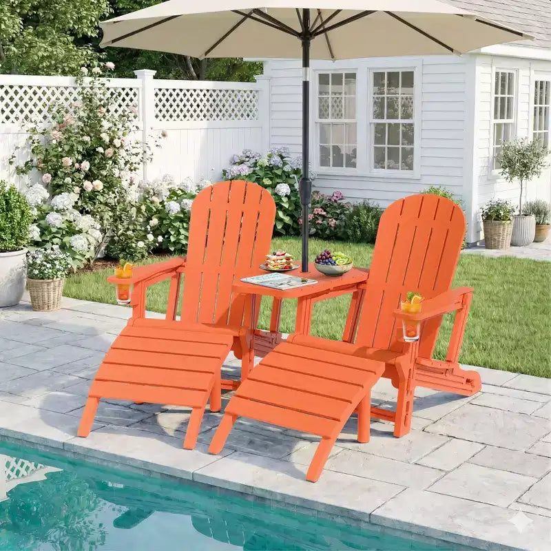 Celebalcony Adirondack Chairs Set with Umbrella Hole Removable Tray & 2 Curved Ottoman, HDPE Plastic Outdoor Chairs for Patio Pool