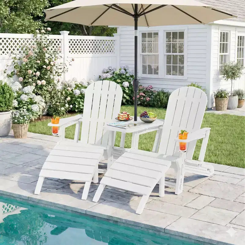 Celebalcony Adirondack Chairs Set with Umbrella Hole Removable Tray & 2 Curved Ottoman, HDPE Plastic Outdoor Chairs for Patio Pool